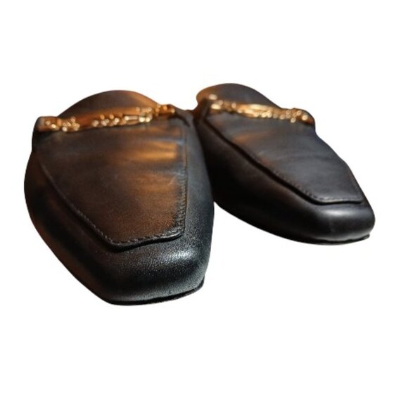 SAM EDELMAN Black Leather Mules Gold Bar & Chain 8M- like new. - Picture 4 of 8